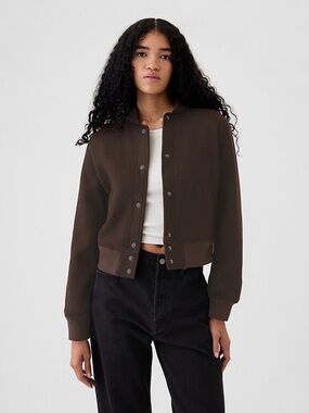 Gap Wool Bomber Varsity Jacket Womens Terra Brown Preppy Minimalist Luxury snap